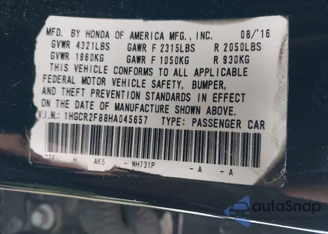 2017 Honda Accord Ex-L z USA, uszkodzony, nr VIN 1HGCR2F88HA045657